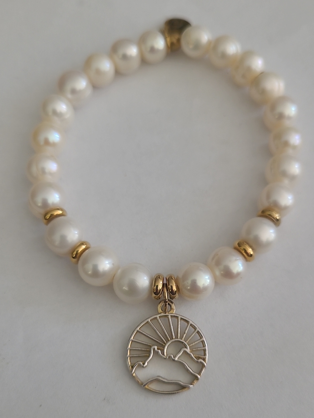 T. Jazelle Pearl Beaded Sun and Mountains Charm Bracelet Gold Accent